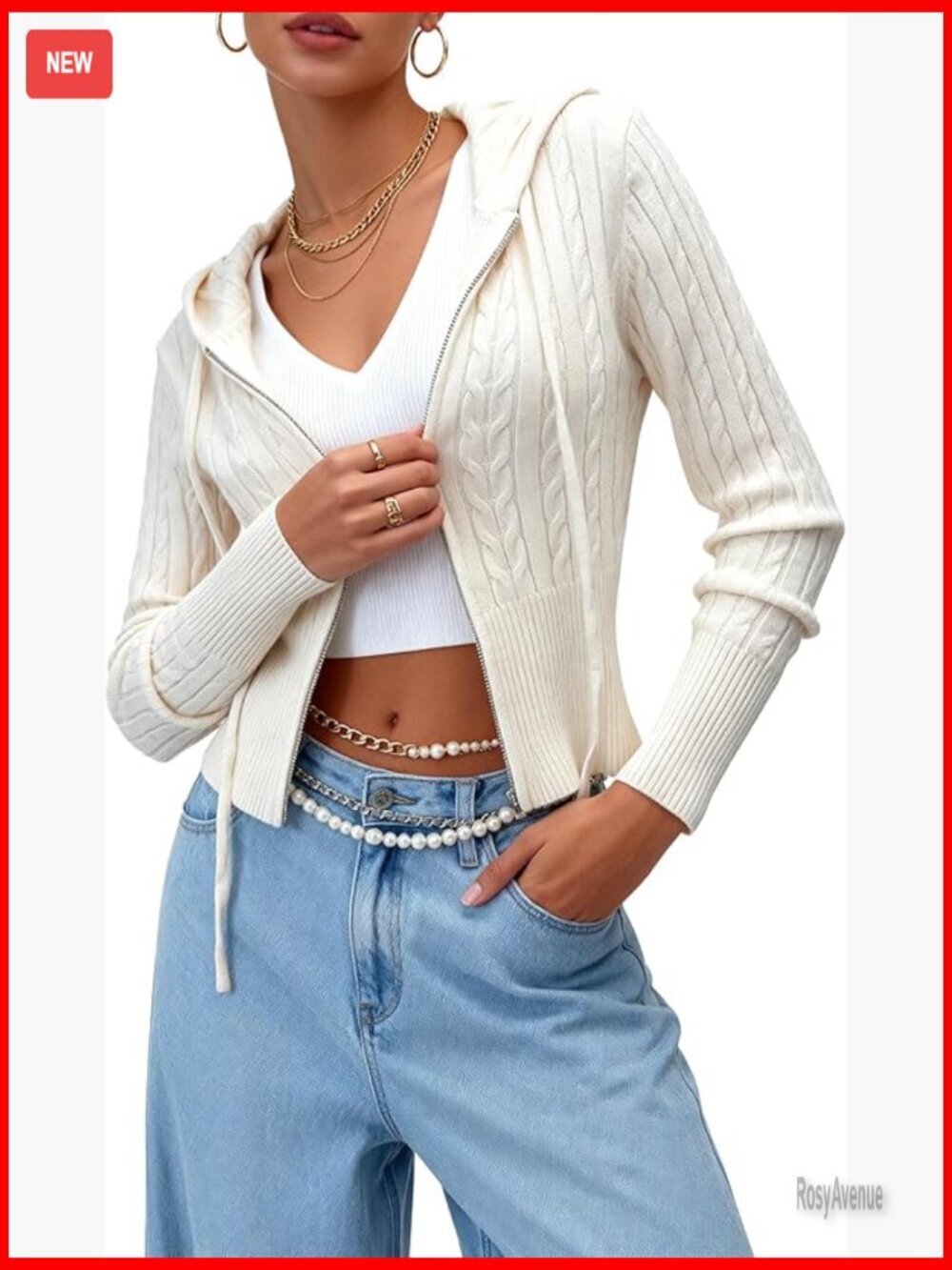 Y2K Zip Up Hoodie Cable Knit Cropped Cardigan Sweater Long Sleeve